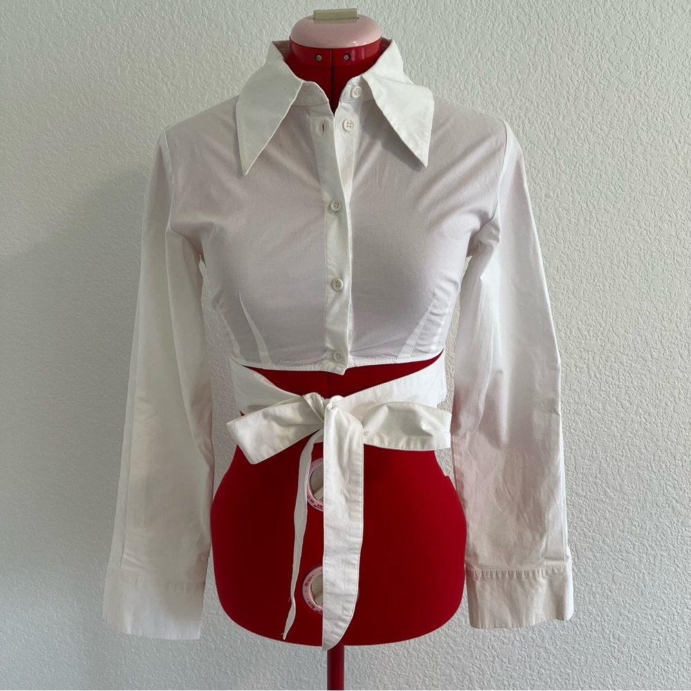 Lime White Button-Up Crop Top Long Sleeve with Waist Tie Size XS